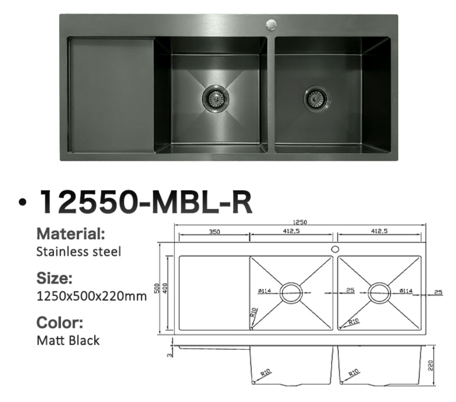 Matt Black Double Bowl Stainless Steel Kitchen Sink with Drainer, 1250x500x220mm, 12550-MBL-R