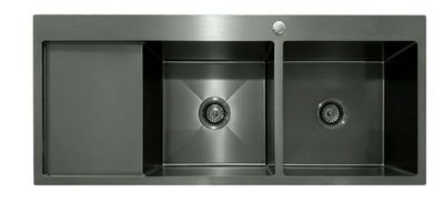 Modern gunmetal grey double bowl stainless steel kitchen sink with an integrated side drainboard.