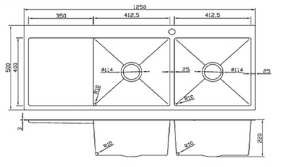 Black and white technical drawing of a 1250mm double bowl kitchen sink with drainer showing dimensions and measurements.