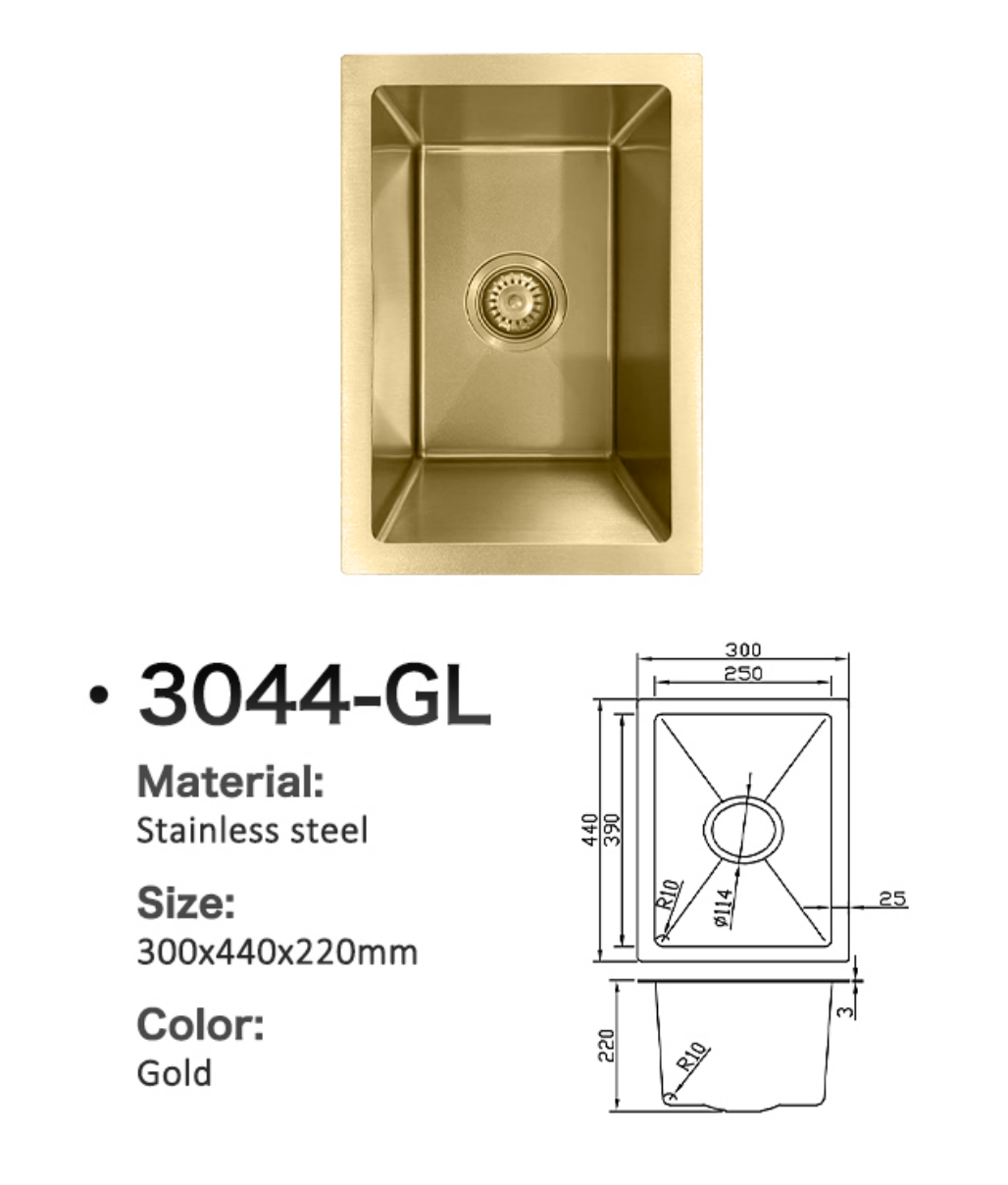 Gold stainless steel single bowl kitchen sink 3044-GL, 300x440x220mm with technical dimension drawing.