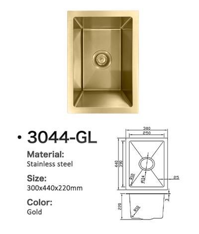 Gold stainless steel single bowl kitchen sink 3044-GL, 300x440x220mm with technical dimension drawing.