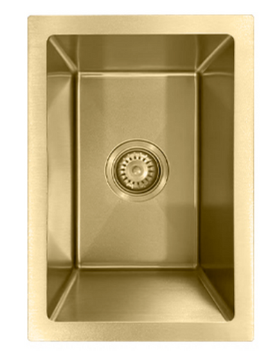 Rectangular brushed gold single bowl kitchen sink, modern stainless steel basin, top-down view.
