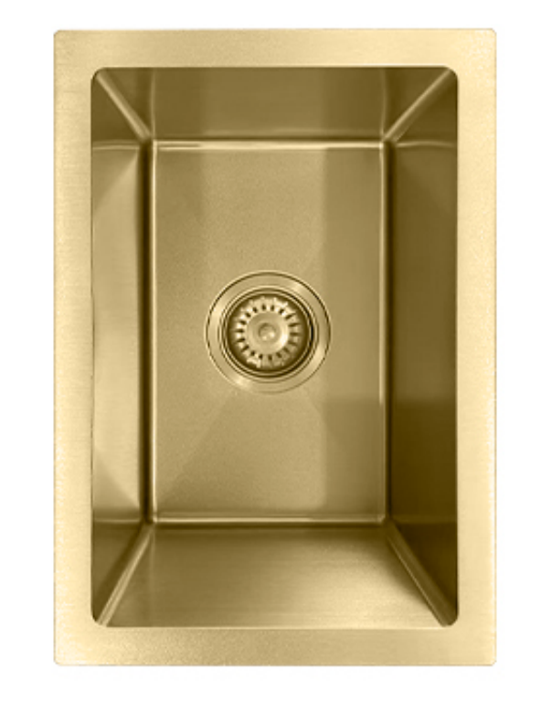 Rectangular brushed gold single bowl kitchen sink, modern stainless steel basin, top-down view.