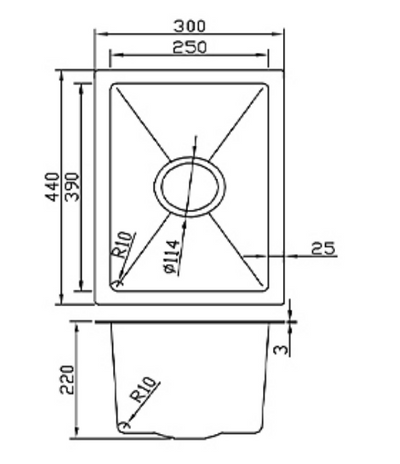 Technical dimension drawing for a 300x440mm single bowl kitchen sink with measurements in black and white.