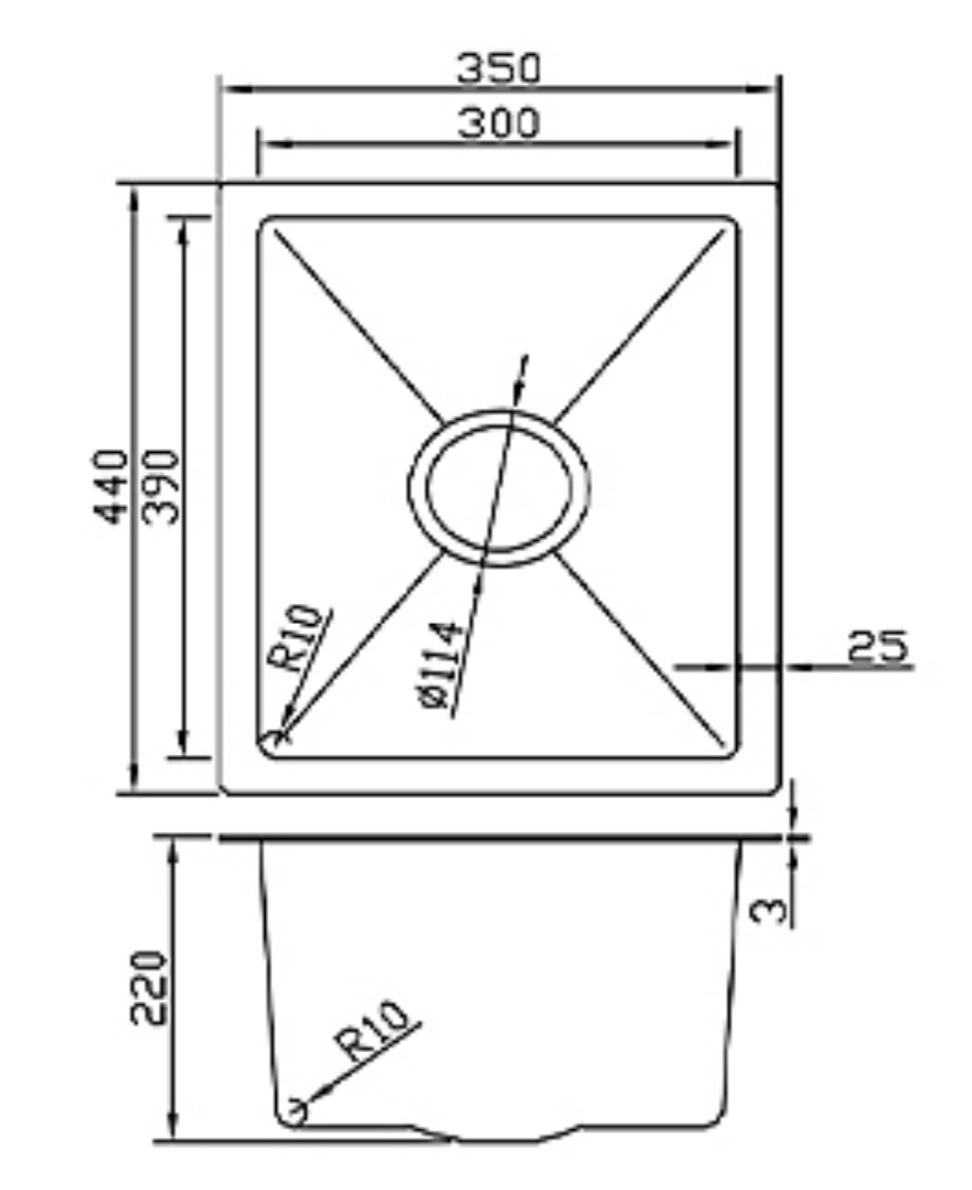 Technical dimension drawing for a 350x440mm single bowl kitchen sink with 220mm depth and R10 radius corners.