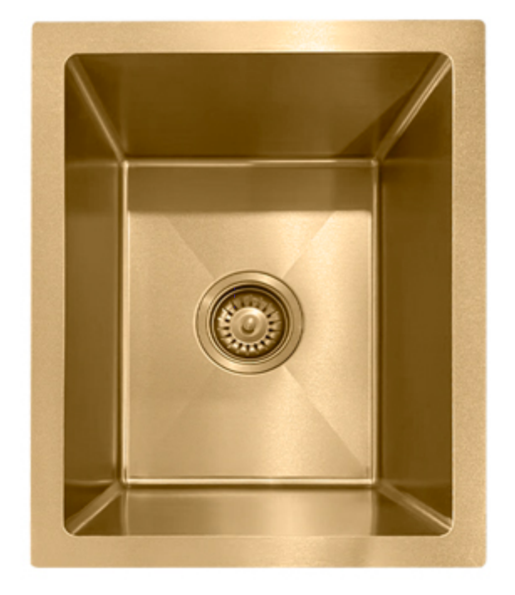 Gold single-bowl kitchen sink, brushed stainless steel rectangular basin with center drain.