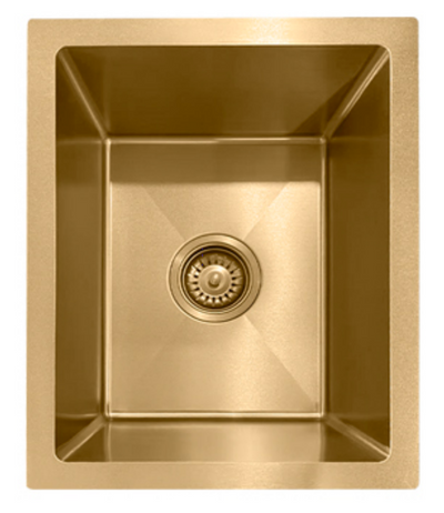 Gold single-bowl kitchen sink, brushed stainless steel rectangular basin with center drain.