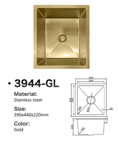 3944-GL gold stainless steel single bowl kitchen sink, 390x440x220mm, with technical specifications diagram.