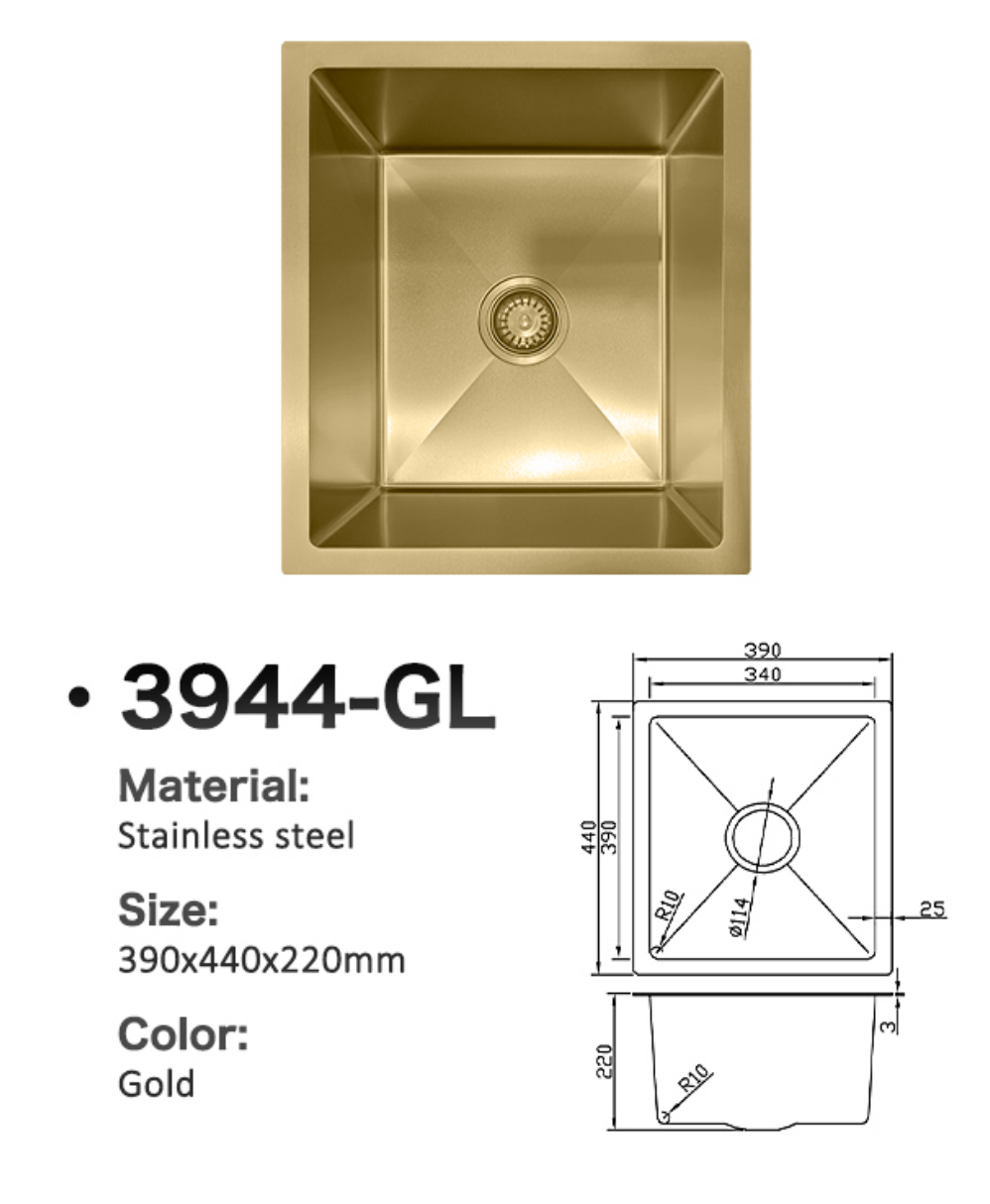 3944-GL gold stainless steel single bowl kitchen sink, 390x440x220mm, with technical specifications diagram.
