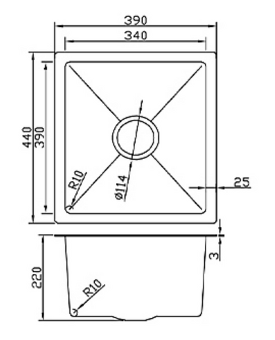 Technical schematic of a single bowl kitchen sink with dimensions 390x440x220mm and central drain hole.