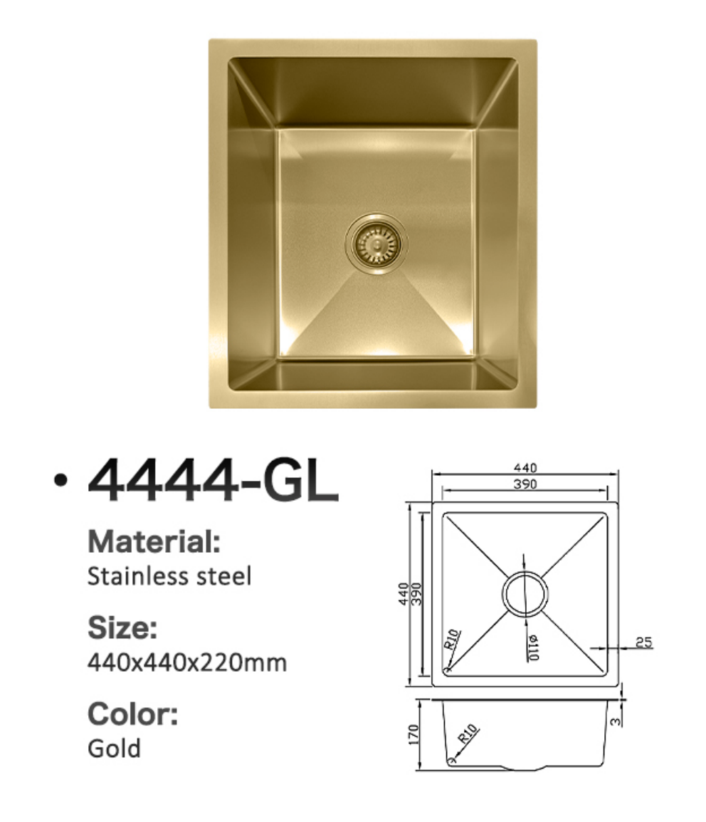 Gold 4444-GL square stainless steel kitchen sink, 440x440mm, with technical dimension drawing.