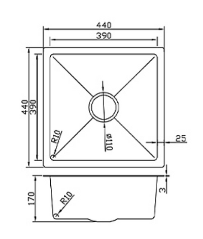 Technical drawing showing dimensions for a 440x440mm square single bowl kitchen sink.