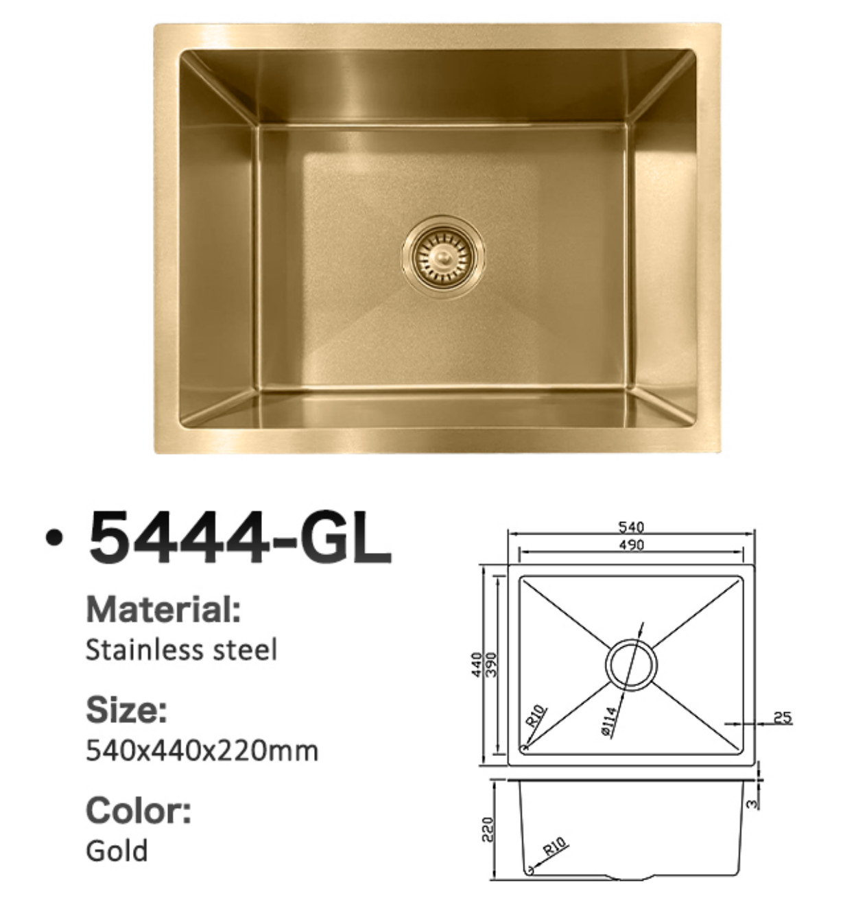 Gold stainless steel single bowl kitchen sink 5444-GL with technical dimensions diagram.