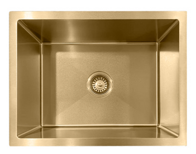 Brushed gold single bowl undermount kitchen sink with center drain and modern rectangular design.