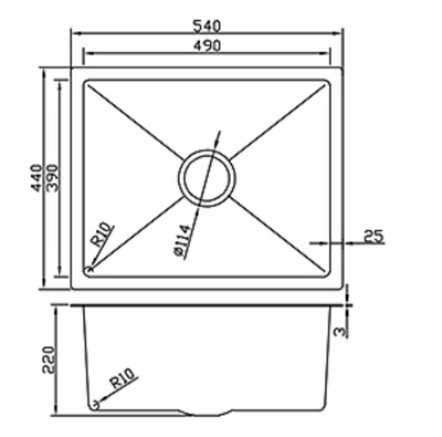 Technical dimension drawing for a 540x440mm single bowl kitchen sink with a depth of 220mm and R10 corners.