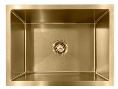 Brushed gold undermount single bowl kitchen sink with center drain basket.