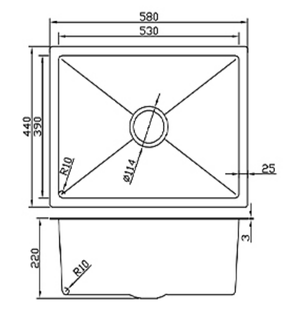 Technical drawing of a 580x440mm single bowl kitchen sink showing dimensions, 220mm bowl depth, and drain hole size.