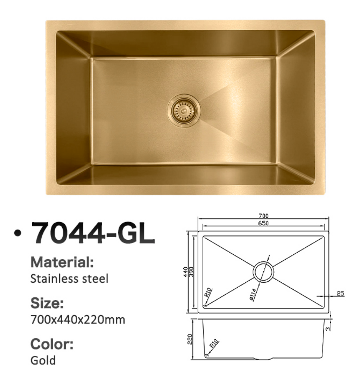 Gold stainless steel single bowl kitchen sink 7044-GL, 700x440x220mm, with technical dimensions diagram.