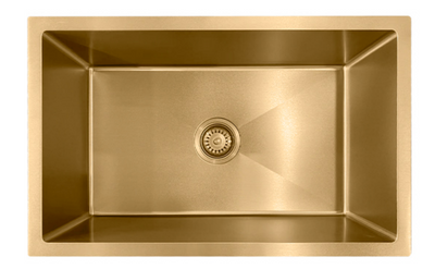 Modern brushed gold stainless steel single bowl rectangular kitchen sink with center drain.