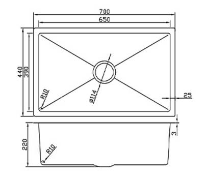Technical specification diagram of a 700mm single bowl kitchen sink with R10 corners and 220mm depth dimensions.