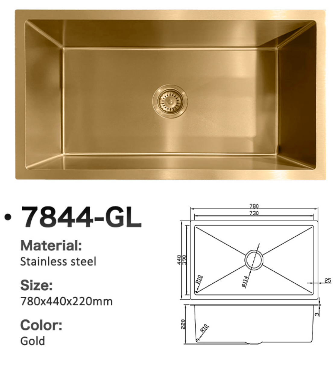 Gold stainless steel single bowl kitchen sink, 780x440x220mm, model 7844-GL with dimension diagram.