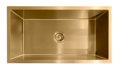 Modern brushed gold rectangular single bowl undermount kitchen sink with center drain strainer.
