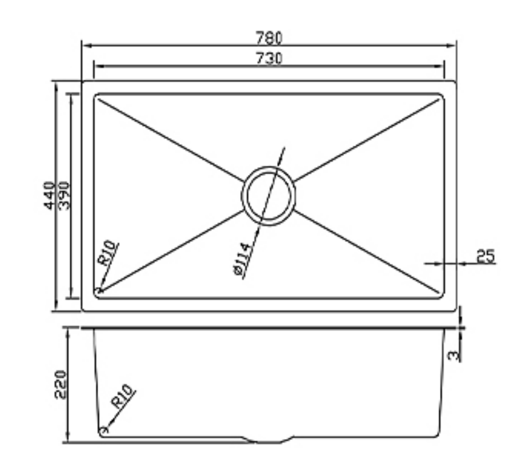 Single bowl kitchen sink dimensions diagram showing 780x440x220mm technical specifications.