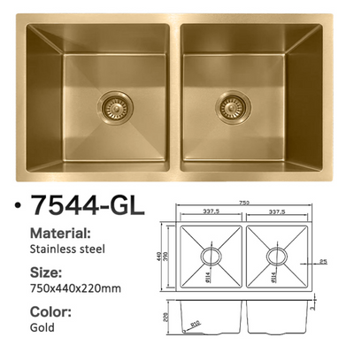 7544-GL gold double bowl stainless steel kitchen sink with technical dimensions 750x440x220mm.