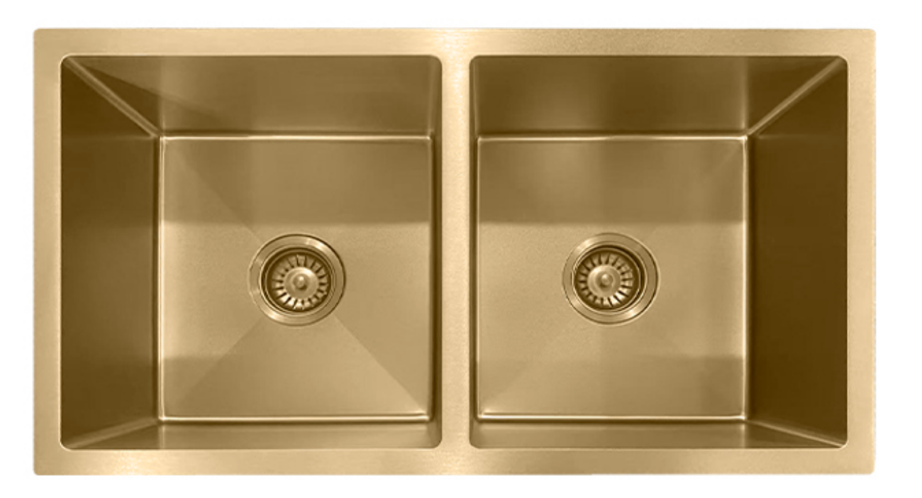 Brushed gold double bowl stainless steel undermount kitchen sink with square basins and drains.
