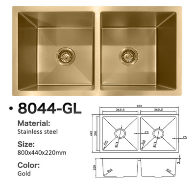 Gold stainless steel double bowl kitchen sink, model 8044-GL, with technical dimensions diagram.