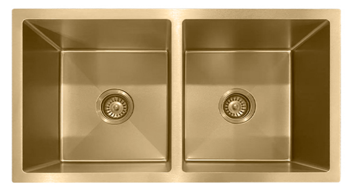 Brushed gold double bowl undermount kitchen sink in stainless steel with square basins and center drains.