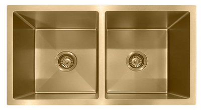 Brushed gold double bowl undermount kitchen sink in stainless steel with square basins and center drains.