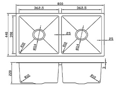 Technical drawing of an 800mm double bowl kitchen sink with dimensions, 220mm depth, and corner radius specifications.