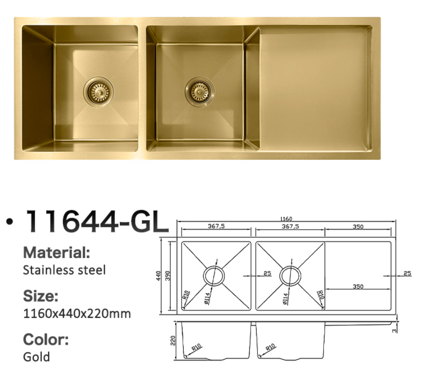 Gold stainless steel double bowl kitchen sink with drainer tray and technical dimension diagram.