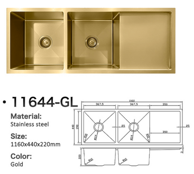 Gold stainless steel double bowl kitchen sink with drainer tray and technical dimension diagram.