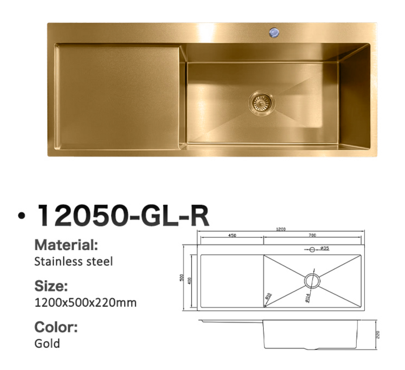 Gold stainless steel single bowl kitchen sink with drainboard, 1200x500x220mm, model 12050-GL-R.