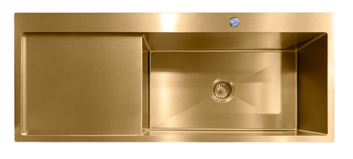 Gold stainless steel kitchen sink with single bowl and integrated side drainboard in a brushed brass finish.