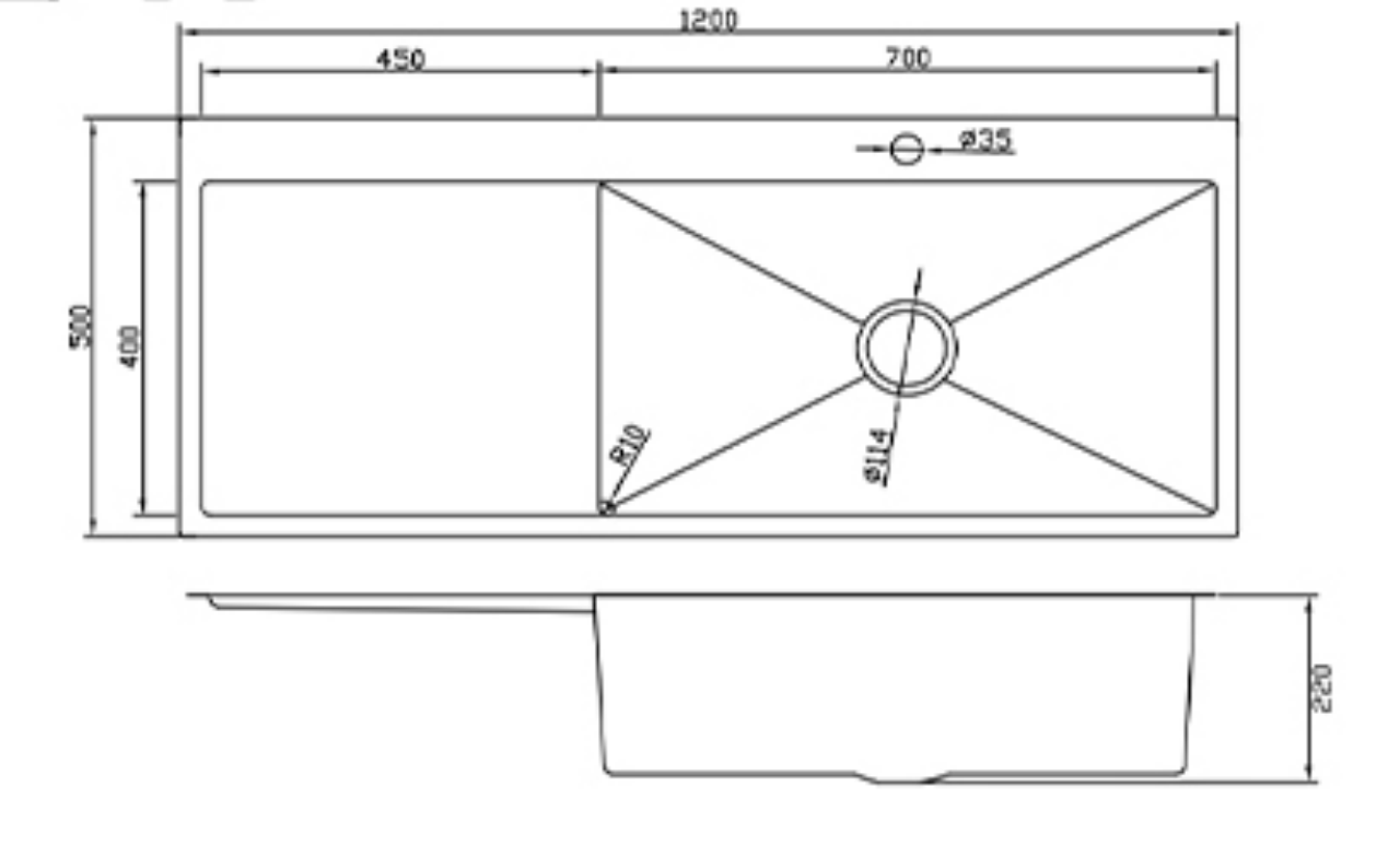Technical schematic for a 1200mm single bowl kitchen sink with integrated drainboard, including full dimensions.