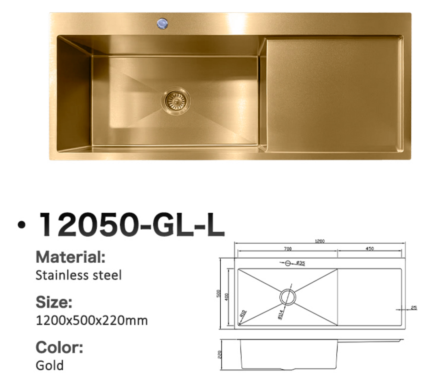 Gold stainless steel single bowl kitchen sink with drainer, 1200x500x220mm, model 12050-GL-L.