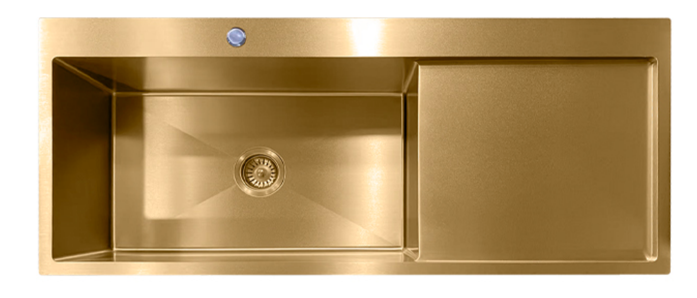 Gold stainless steel single bowl kitchen sink with integrated right-hand drainboard.