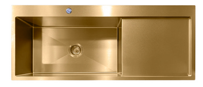 Gold stainless steel single bowl kitchen sink with integrated right-hand drainboard.