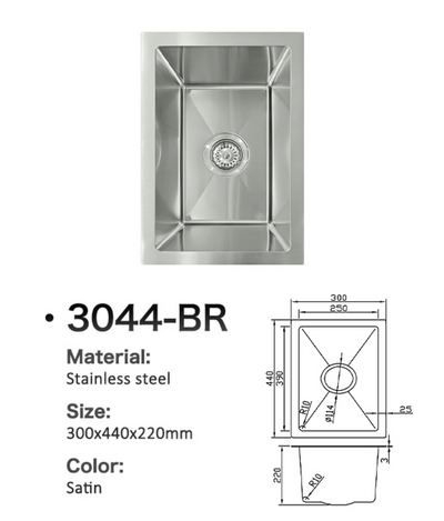 Satin stainless steel single bowl kitchen sink 3044-BR with dimensions 300x440x220mm and technical diagram.