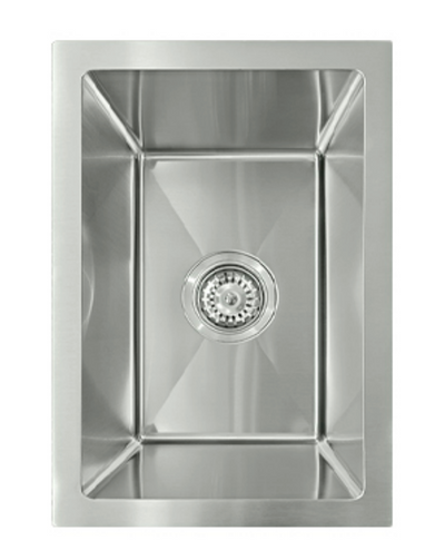 Brushed stainless steel single bowl kitchen sink with central drain strainer and grooved bottom.