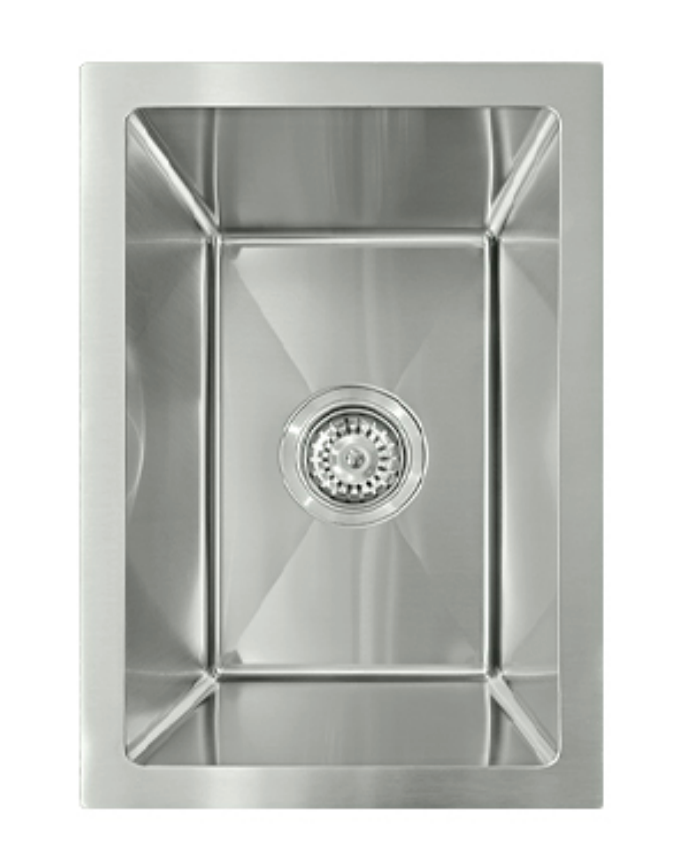 Brushed stainless steel single bowl kitchen sink with central drain strainer and grooved bottom.