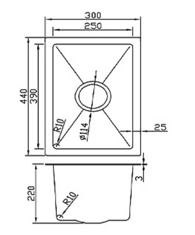 Technical drawing of a single bowl kitchen sink with top and side view dimensions and measurement specifications.