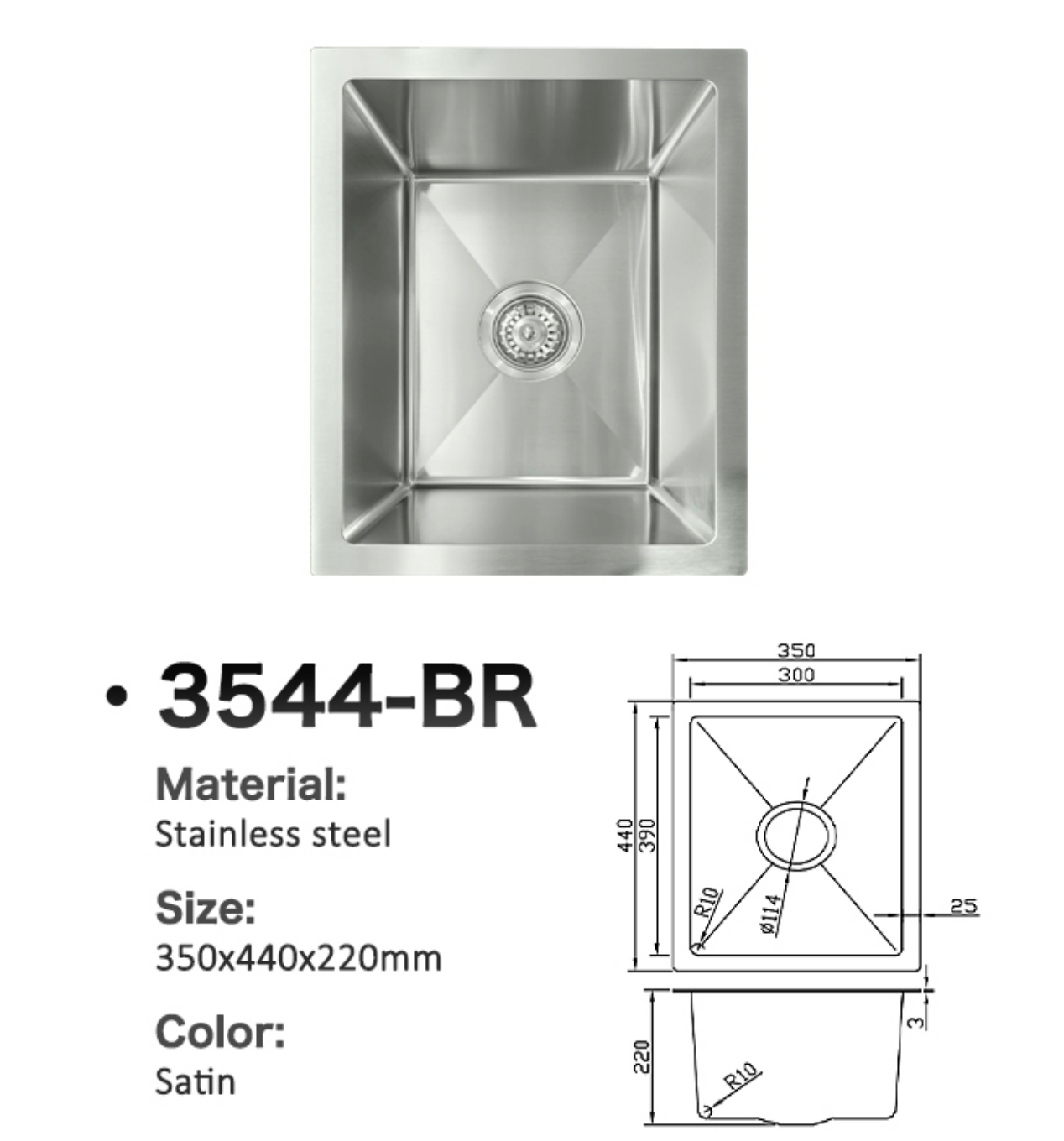 3544-BR Satin stainless steel single bowl kitchen sink, 350x440x220mm with technical dimensions diagram.