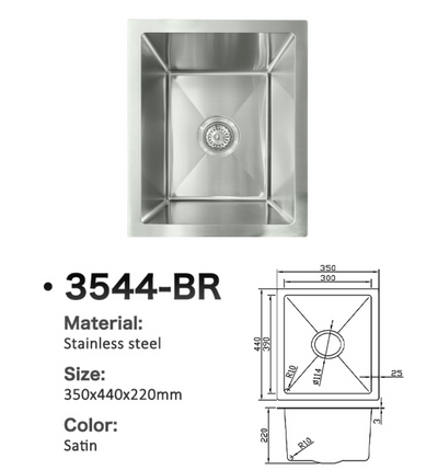 3544-BR Satin stainless steel single bowl kitchen sink, 350x440x220mm with technical dimensions diagram.