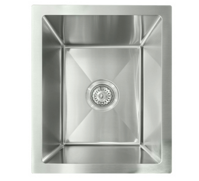 Sleek rectangular single bowl stainless steel kitchen sink with center drain and strainer.