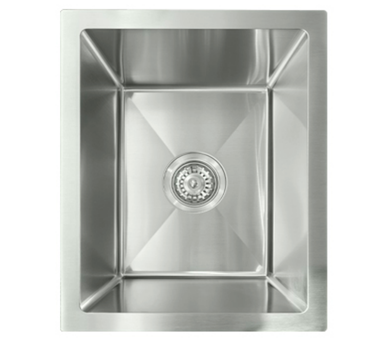 Sleek rectangular single bowl stainless steel kitchen sink with center drain and strainer.