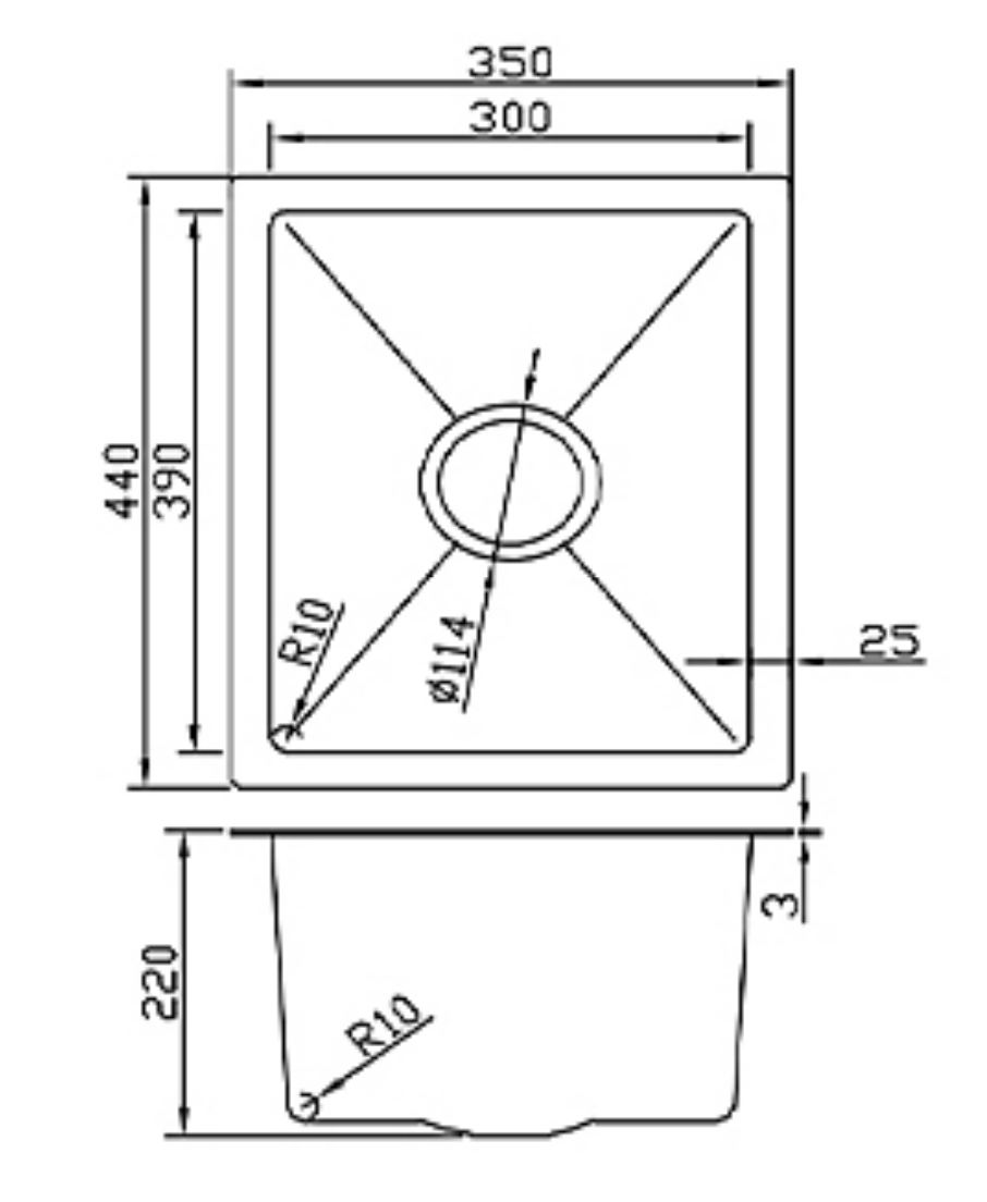 Black and white technical drawing of a 350x440mm single bowl kitchen sink with R10 corners and 220mm depth.